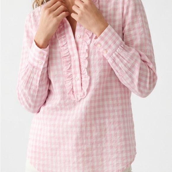 J. Crew Tops - CREW Pink Gingham Ruffle Popover Blouse Cotton Shirt NWT Size 0